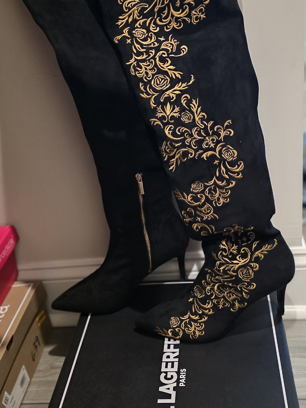 Karl Lagerfeld Black Over-the-Knee Boots with Gold Embroidered Florals